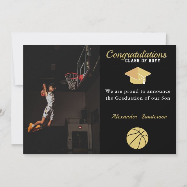 Faire-part Basket-ball noir blanc et or (Devant)