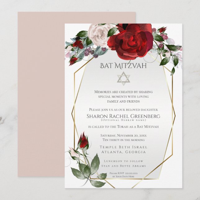 Faire-part Bat mitzvah | Élégants Roses rouge et bleu écarlat (Devant / Derrière)