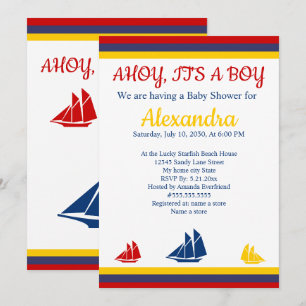 Faire-part Bateau nautique Marine Baby shower bleu jaune roug