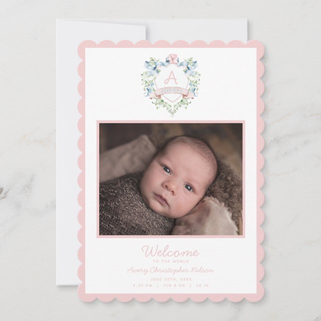 Faire-part Bébé Bleu et rose Grandmillennial Ribbon Crest (Devant)