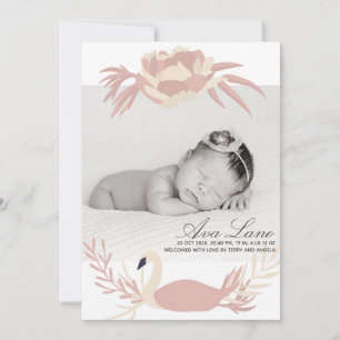 Faire-part Bébé de cygne délicate fille rose florale photo pe