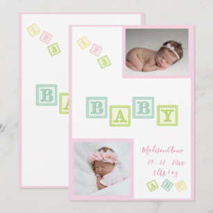 Faire-part Bébé Fille Photo ABC Blocs Naissance rose nouveau-