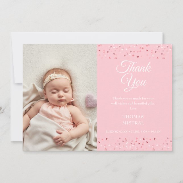 Faire-part Bébé Fille Script Merci Amour Coeurs Photo Naissan (Devant)