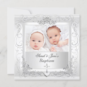 Faire-part Bébé jumeau fille garçon Christening Baptême Blanc