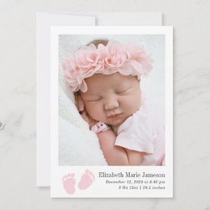Faire-part Bébé mignon Fille rose Nouveau-né Empreinte Photo 