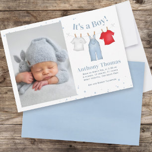 Faire-part Bébé mignon Garçon Whimsical Simple Denim Bleu Vêt