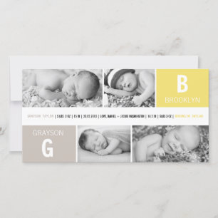 Faire-part Bébé Monogramme Garçon Fille Jumeaux 4 Photo Jaune