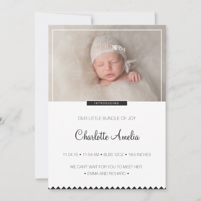 Faire-part bébé noir et blanc pour garçon ou fille (Devant)