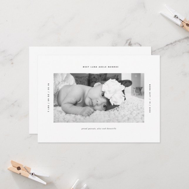 Faire-part bébé personnalisé minimale (Devant/Arrière en situation)