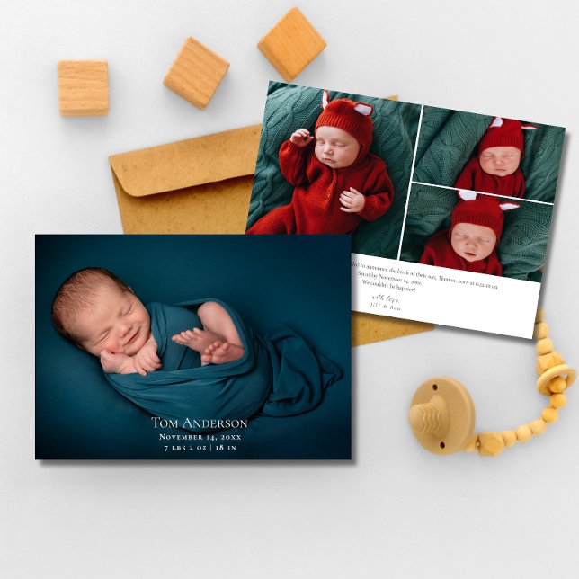 Faire-part Bébé Photo collage Nom élégant Script Birth Anno (Créateur téléchargé)