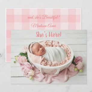 Faire-part Bébé rose fille En vichy Plaid mignonne naissance 