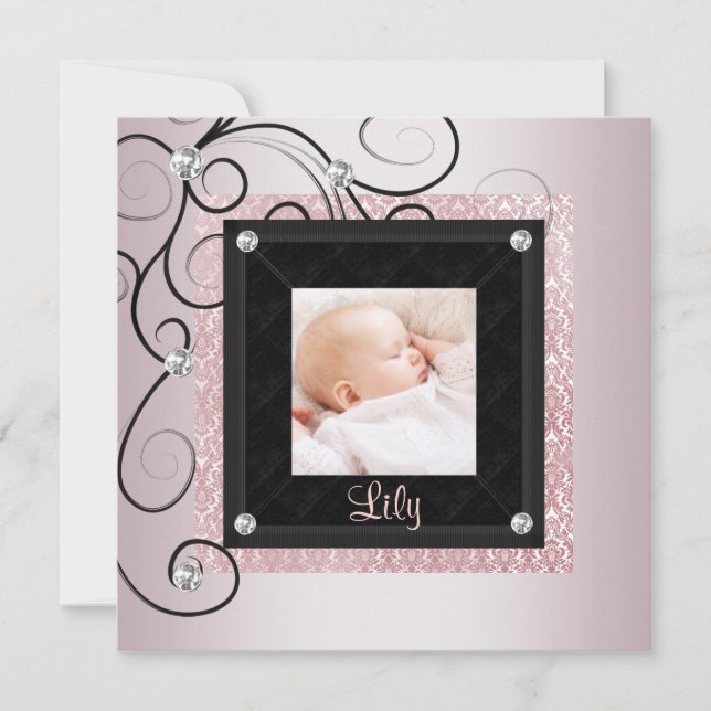 Faire-part Bébé rose noir Damas fille photo naissance (Devant)