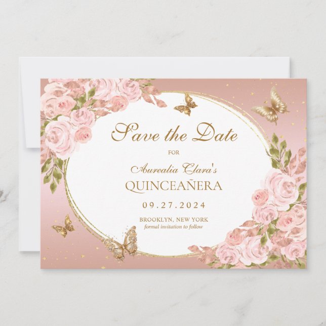 Faire-part Beurre rose rose floral Quinceanera (Devant)