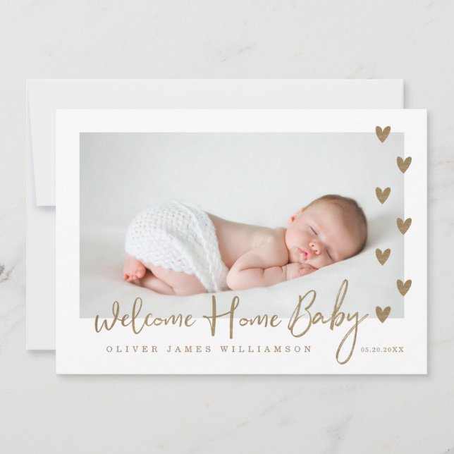 Faire-part Bienvenue Accueil Bébé Moderne Minimal Gold Hearts (Devant)