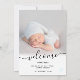Faire-part Bienvenue bleu script coeur photo garçon naissance