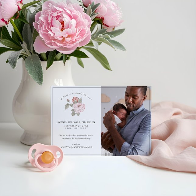 Faire-part Bienvenue dans le Monde Little One Peony photo flo (Welcome to the World Little One Peony Floral Photo Announcement)