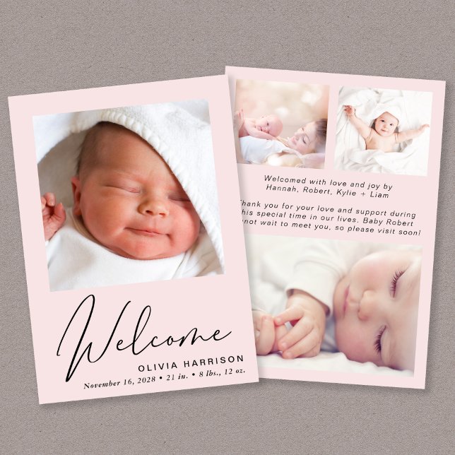 Faire-part Bienvenue Photo Collage Bébé Fille Rose Naissance (Créateur téléchargé)