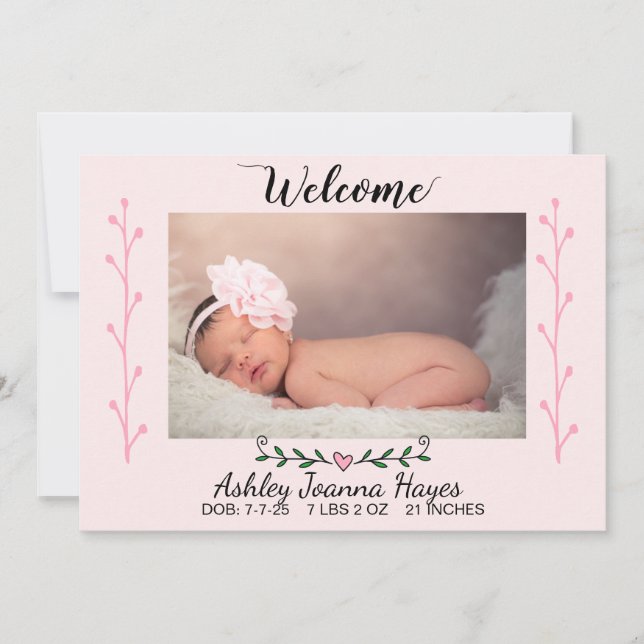 Faire-part Bienvenue Photo Nouveau-né bébé fille (Devant)