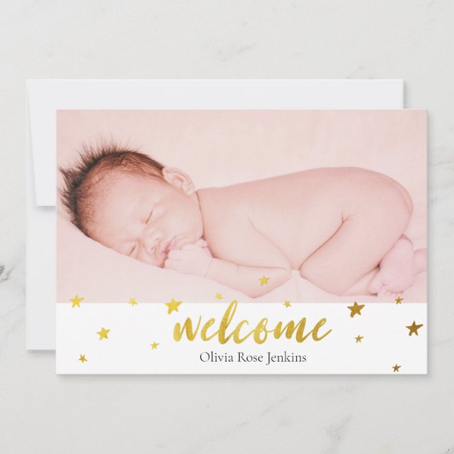 Faire-part Bienvenue Script Gold Stars Photo Baby Girl Birth (Devant)