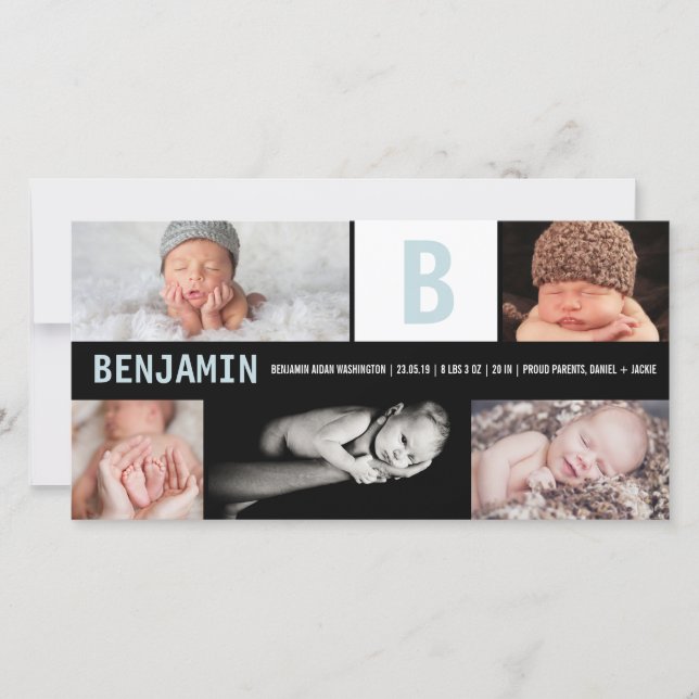 Faire-part Big Initial Blue Baby Boy Monogramme 5 Photo Birth (Devant)