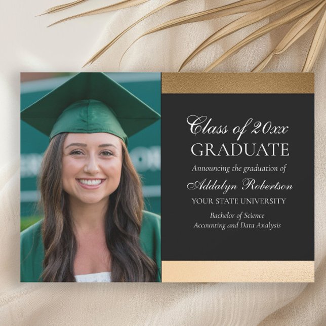 Faire-part Black Gold College University (Black and gold graduation photo announcement)