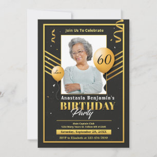 Faire-part Black Gold Photo 60th Birthday Party Personnaliser