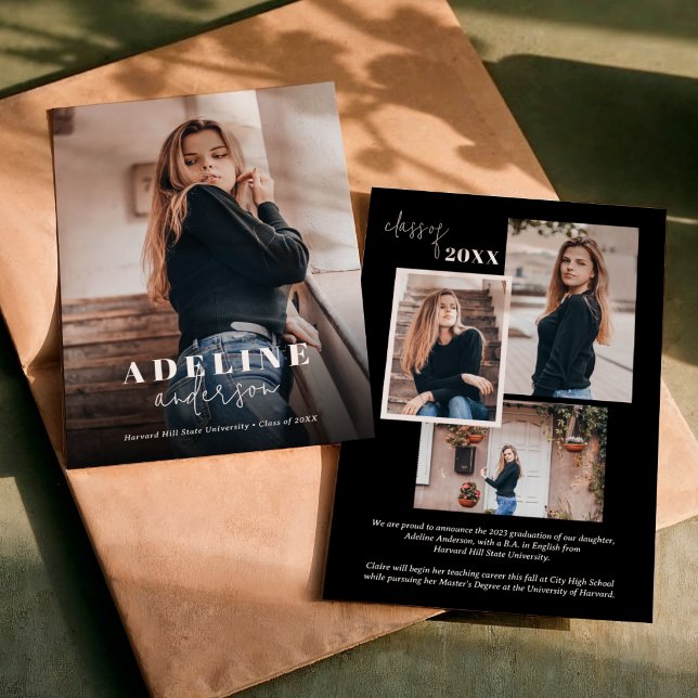 Faire-part Black Photo Collage de script élégant Graduation (Créateur téléchargé)