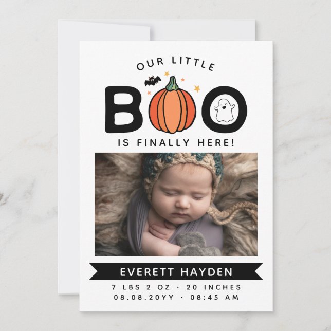 Faire-part Blanc Notre Petit Boo Enfin Ici Halloween Baby (Devant)