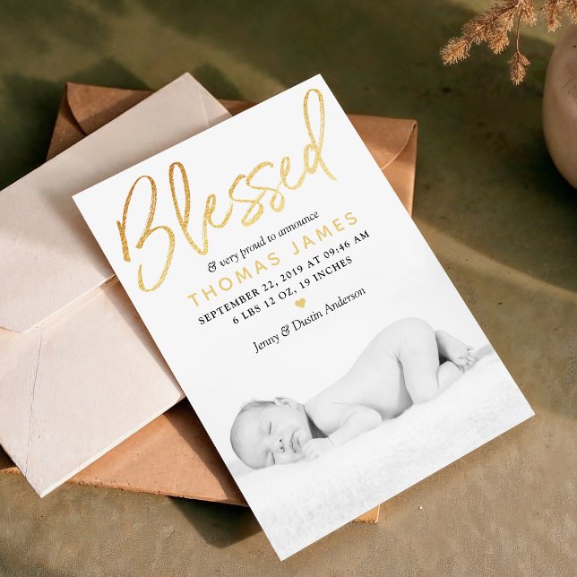 Faire-part "Blessed" Gold Foil Photo Birth Announcement (Créateur téléchargé)