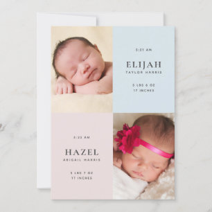 Faire-part Bleu et roses jumeaux photo à 2 côtés