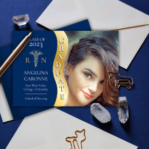 Faire-part Bleu Gold Graduate Wave Caduceus RN Nuring Grad