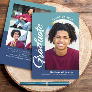 Faire-part Bleu Graduation 4 Photo Bold Arch Script Moderne