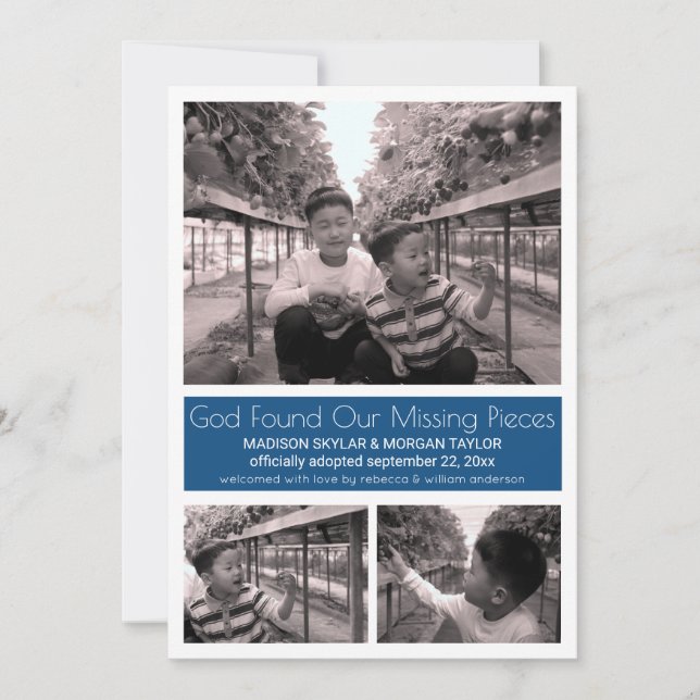 Faire-part Bleu moderne minimaliste adoption d'enfant 3 Photo (Devant)