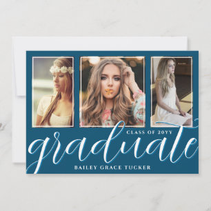 Faire-part Bleu Océan Script 3-Photo Graduate