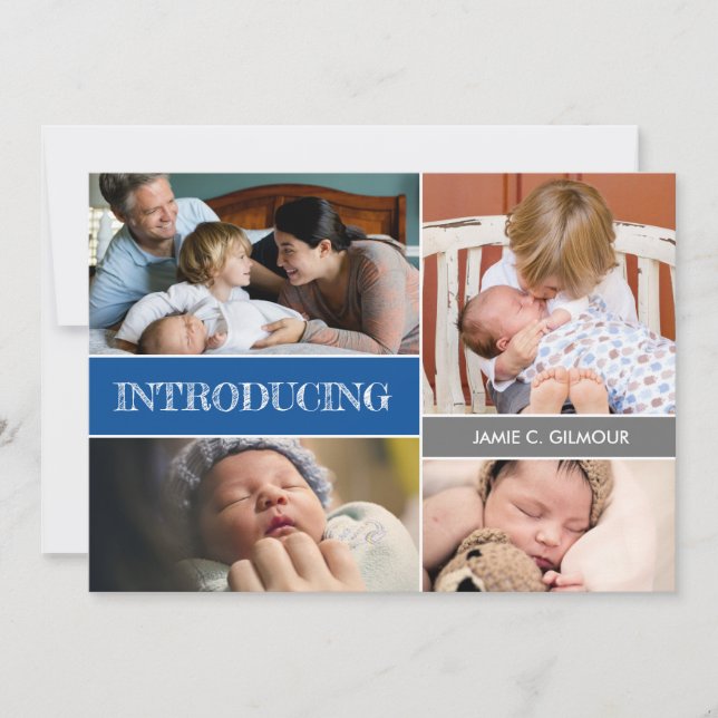 Faire-part Bleu Présentation 2e bébé garçon Collage photo per (Devant)