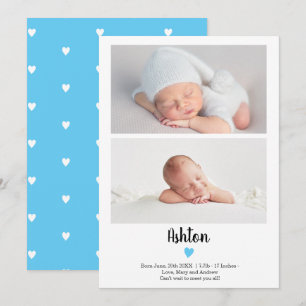 Faire-part Bleu simple script coeur 2 photos garçon bébé nais