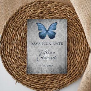Faire-part Bleu Vintage papillon Damas Enregistrer la date