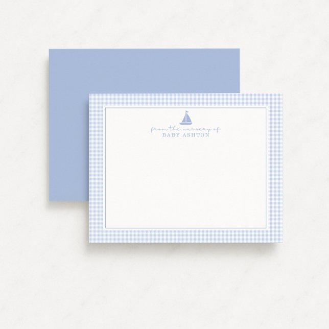 Faire-part Blue Gingham Sailboat Nursery Note Card (Créateur téléchargé)