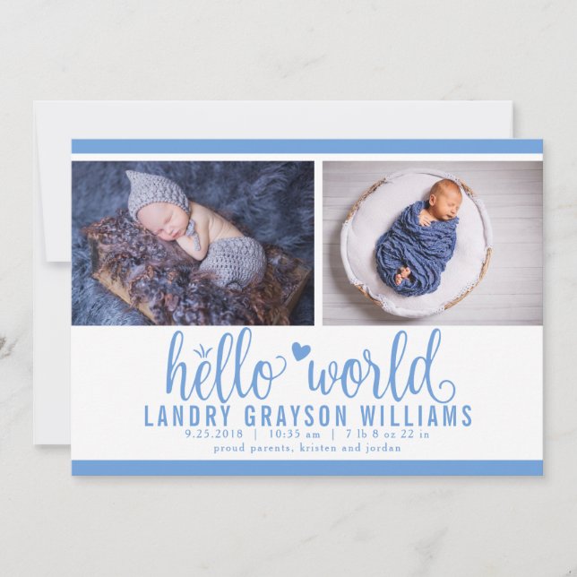 Faire-part Blue Hello World Photo Birth Stat (Devant)