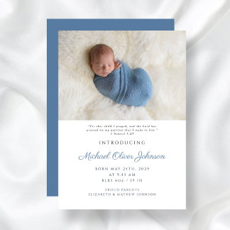 Faire-part Blue Modern Script Baby Boy Birth Photo