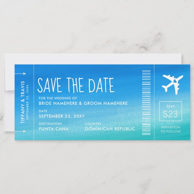 Faire-part Blue Ombre Mariage Boarding Pass Enregistrer la da (Devant)