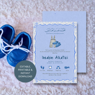 Faire-part Blue Watercolor islamic Baby Boy Birth