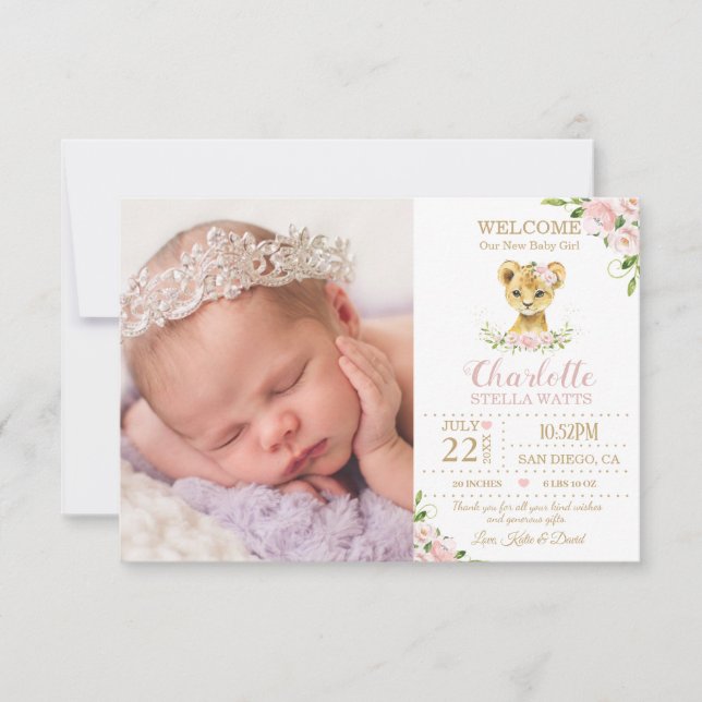 Faire-part Blush Floral Cute Lion Cub Nouveau bébé Photo Nais (Devant)