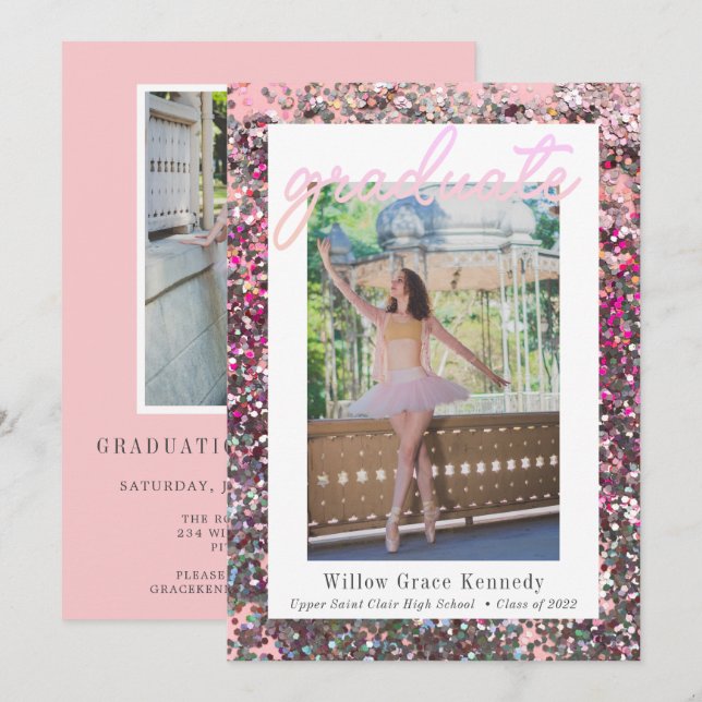 Faire-part Blush Pink et Silver 2 photo Glam Graduation Anno (Devant / Derrière)