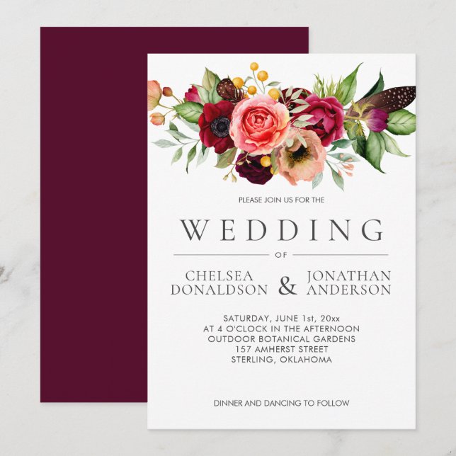 Faire-part Bohemian Floral Burgundy Feather Wedding | (Devant / Derrière)