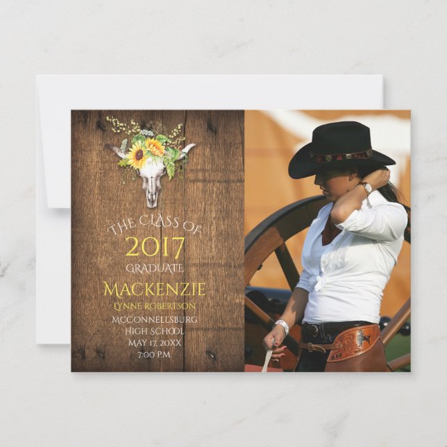 Faire-part Boho Barnwood Tournesols Crâne Photo Graduation (Devant)