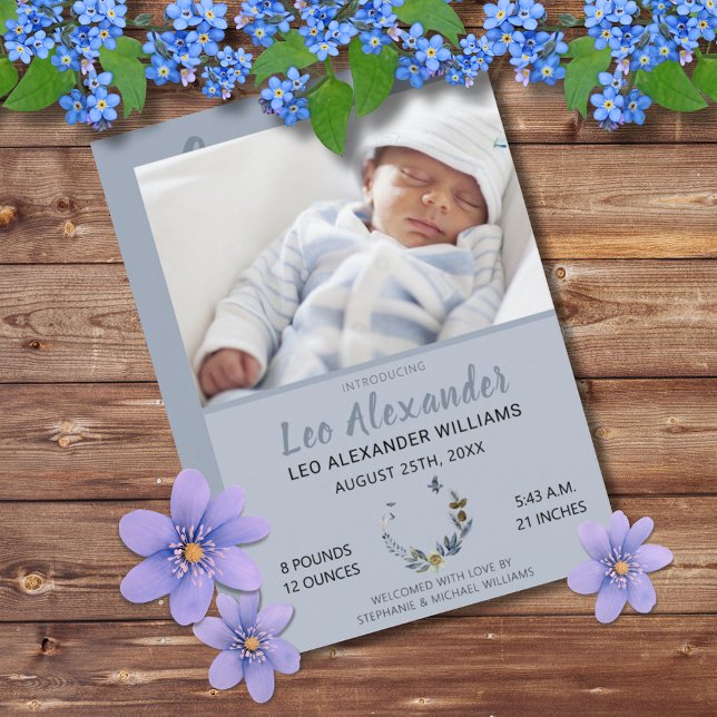 Faire-part Boho bleu doux Floral Baby Boy Photo Naissance (Sweet Blue Boho Floral Baby Announcement Photo Card)