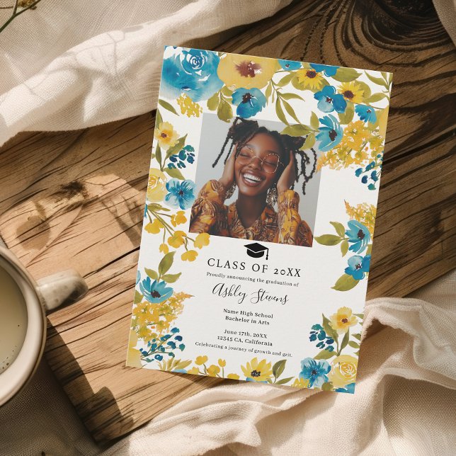 Faire-part Boho Blue and Yellow Floral 2 Diplôme photo (Boho Blue and Yellow Floral 2 Photo Graduation Announcement)