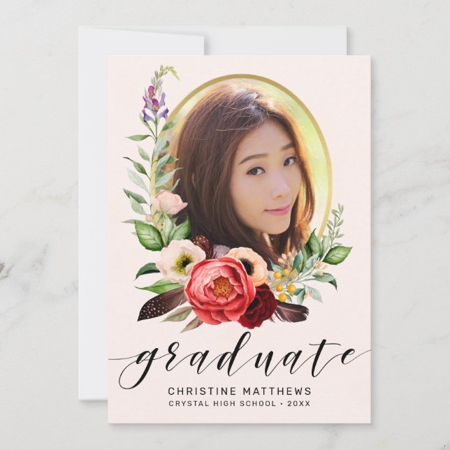 Faire-part Boho Blush Floral Photo Black Script Graduation (Devant)