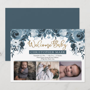 Faire-part Boho Boy 3 Photo Blue Watercolor Or Floral Birth